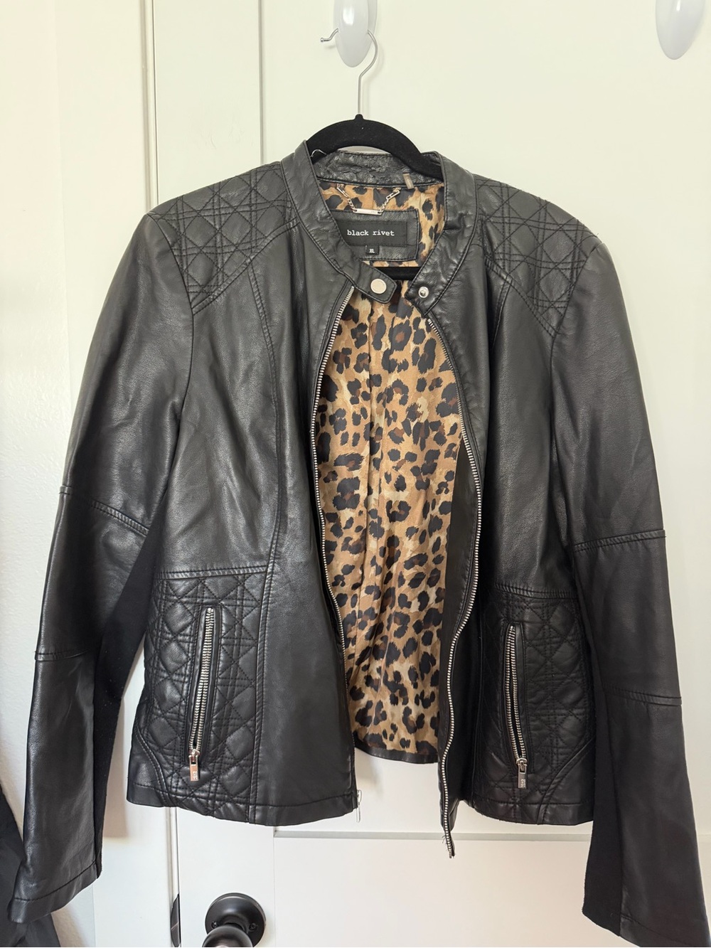 Black Rivet Women's Black faux Leather Moto Jacket with Leopard Lining